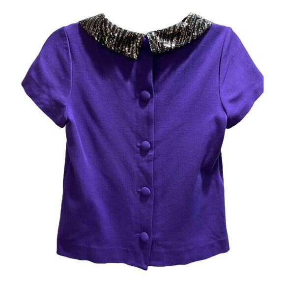 Milly Vintage Purple Blouse Black Sequin Collar Back Buttons Short Sleeve Sz SM - Picture 7 of 9